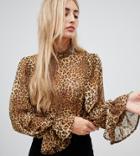 Missguided High Neck Chiffon Blouse With Flare Cuffs In Leopard - Brown