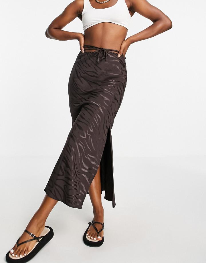 River Island Satin Bias Tie Waist Maxi Skirt In Brown