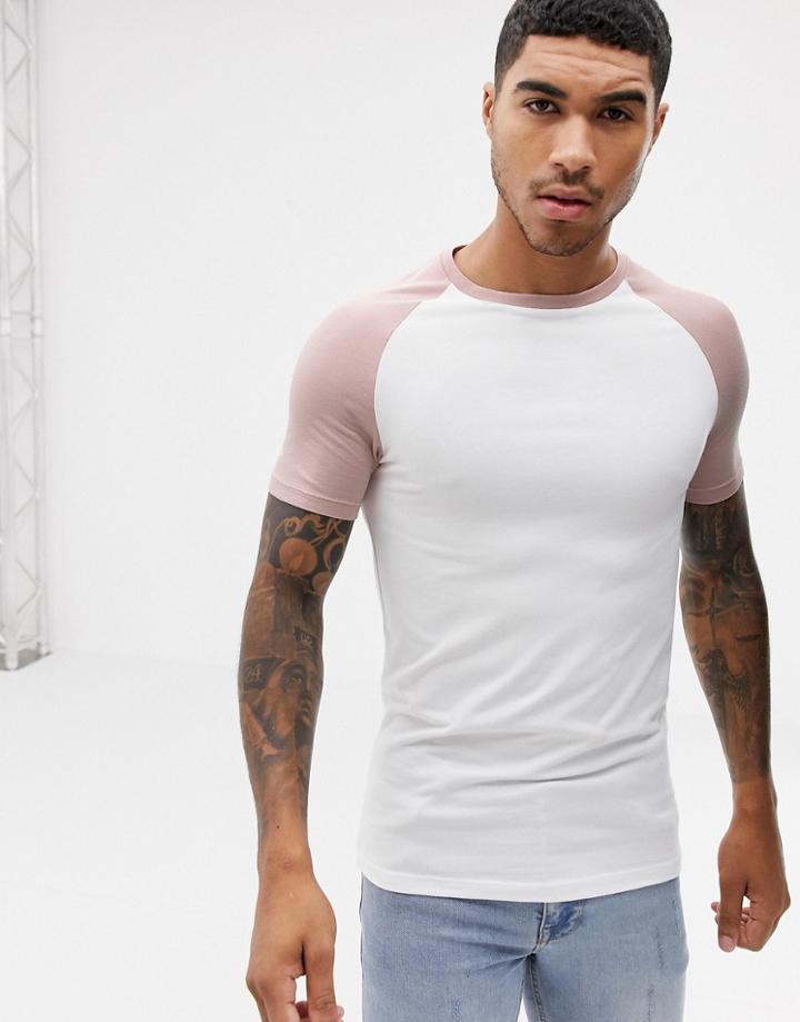 Asos Design Muscle Fit Contrast Raglan T-shirt With Stretch In White - White