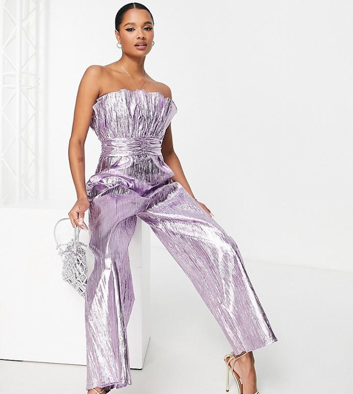 Collective The Label Petite Ruched Waist Bandeau Metallic Jumpsuit In Pewter-purple