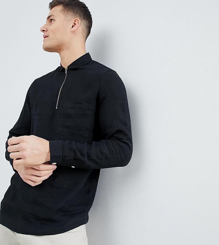 Noak Slim Fit Linen Shirt With Half Zip In Black - Black