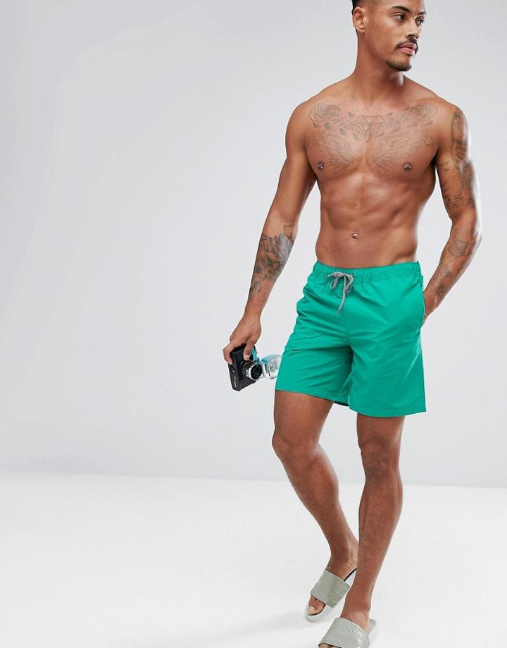Asos Swim Shorts In Green With Stripe Drawcord Mid Length - Green