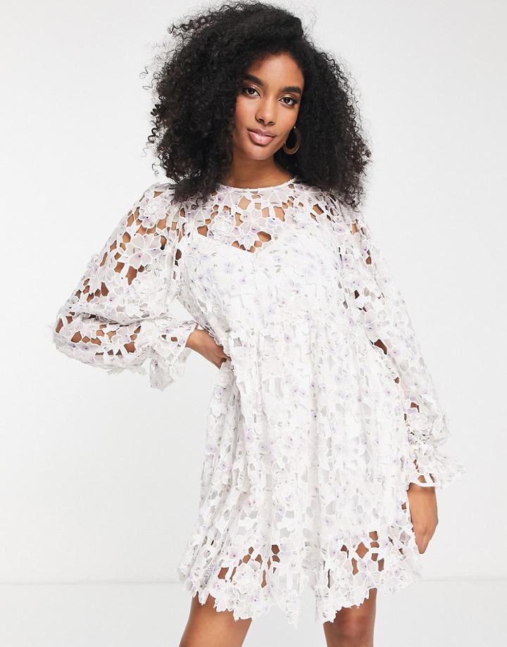 Asos Edition Broderie Mini Dress With 3d Flowers In Floral Print-white