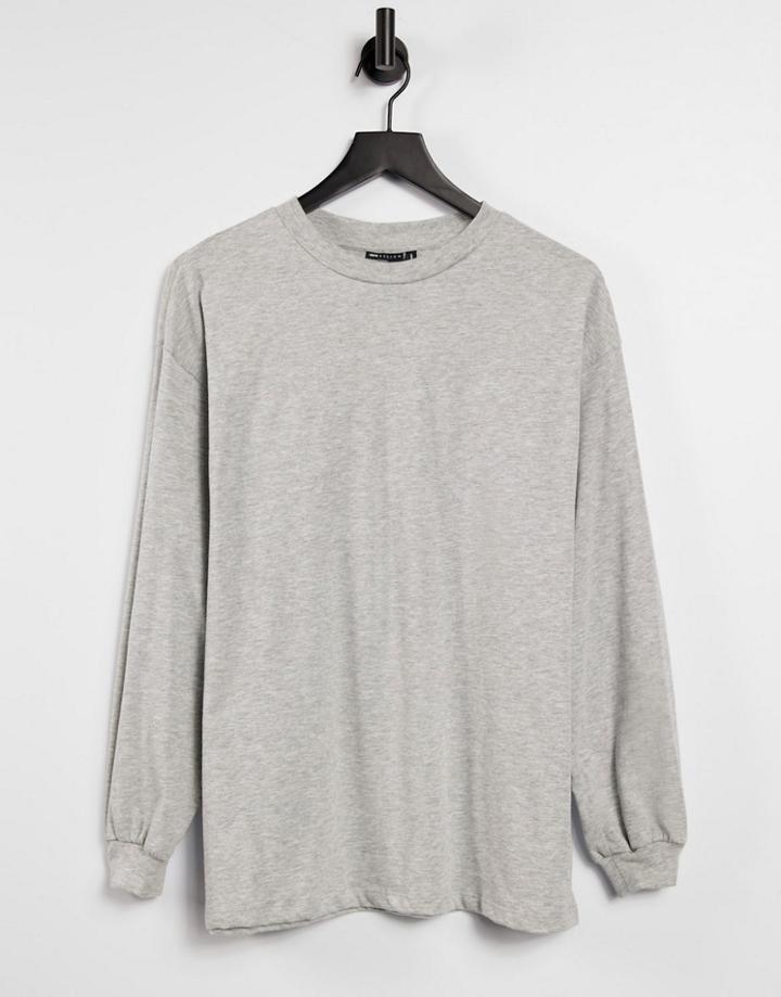 Asos Design Oversized Long Sleeve T-shirt With Cuff Detail In Gray Heather-grey