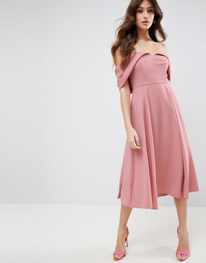 Asos Wedding Bardot Fold Over Midi Prom Dress - Pink