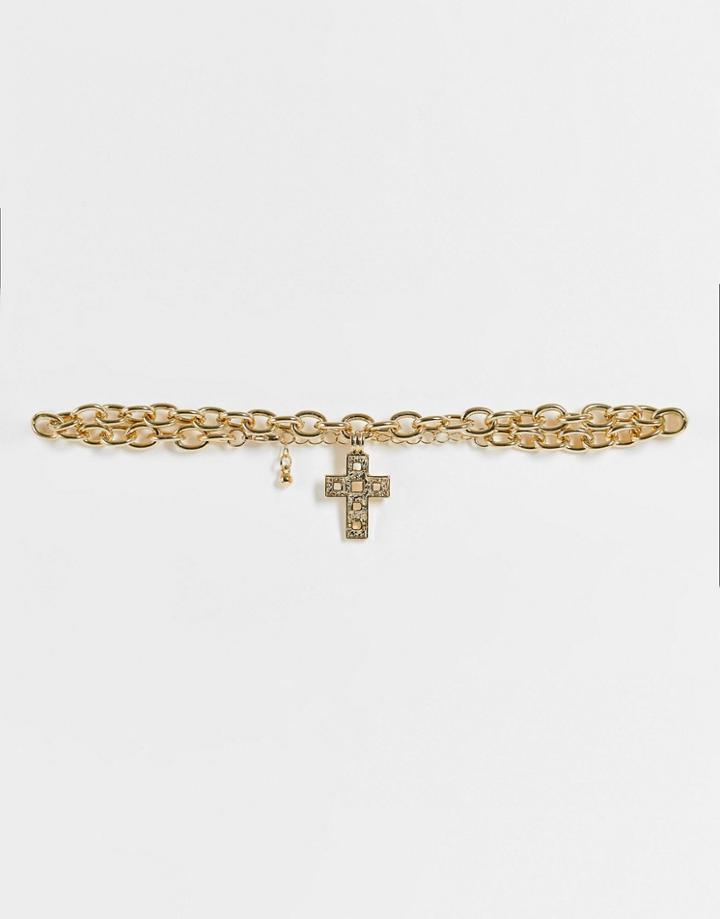 Topshop Crystal Cross Pendant Choker Necklace In Gold