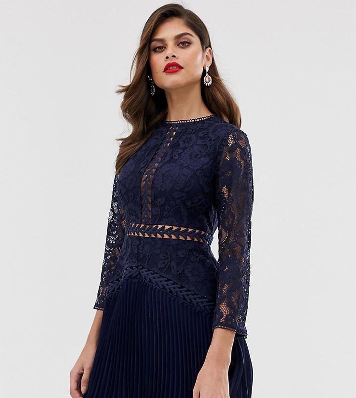 Asos Design Lace Mini Dress With Trim Inserts And Pleated Skirt - Navy