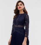 Asos Design Lace Mini Dress With Trim Inserts And Pleated Skirt - Navy