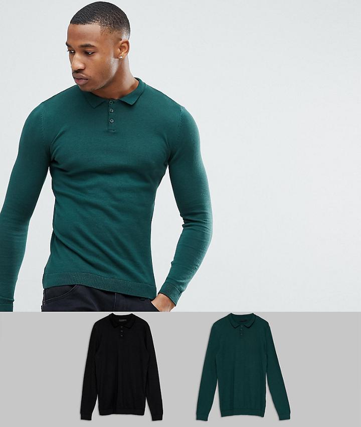 Asos 2 Pack Knitted Muscle Fit Polo In Green/black Save - Multi