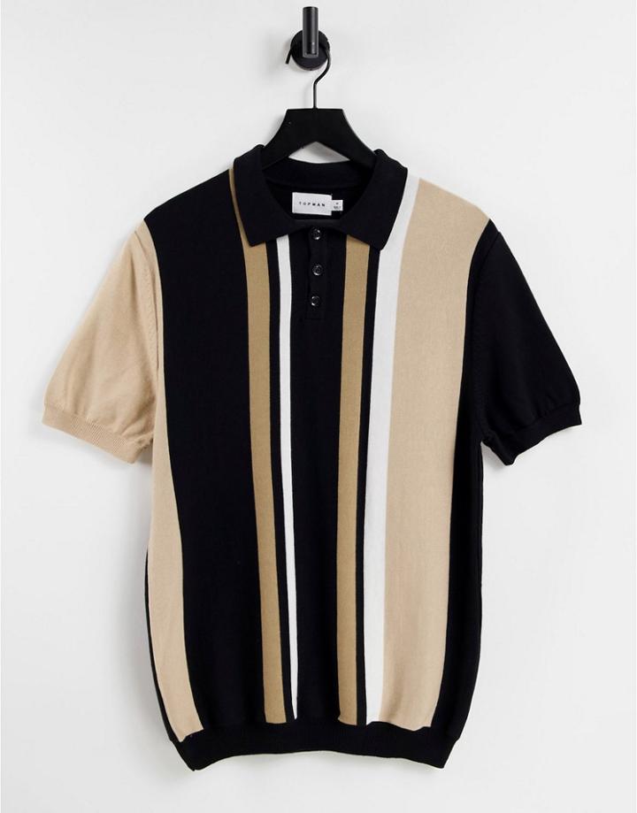 Topman Knit Striped Polo In Black And Tan
