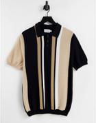 Topman Knit Striped Polo In Black And Tan