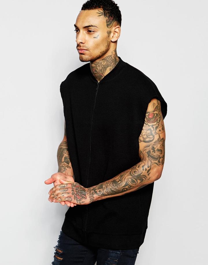 Asos Longline Oversized Sleeveless Waffle Bomber Jacket In Black - Black