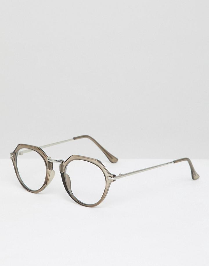 Asos Design Round Glasses In Crystal Gray - Gray