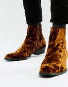 Asos Design Stacked Heel Western Chelsea Boots In Bronze Crushed Velvet - Gold