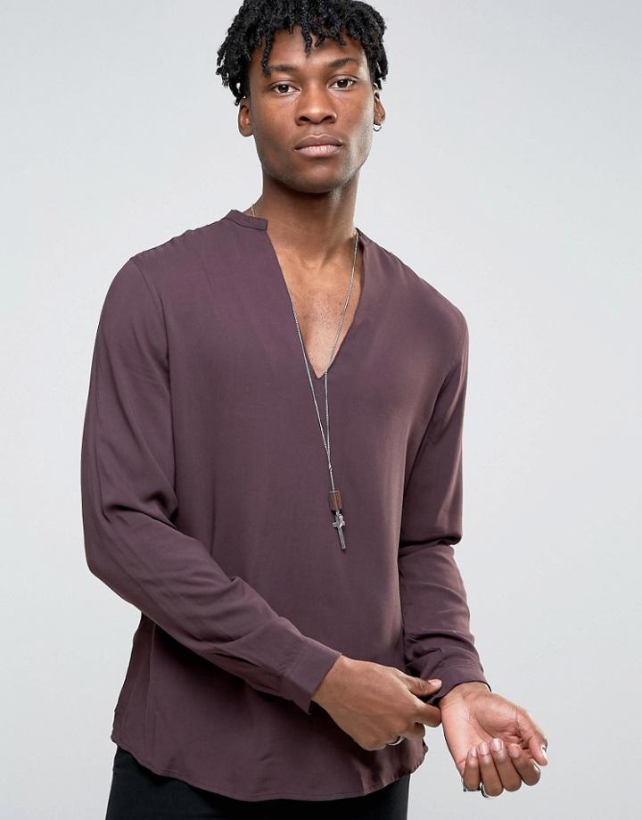 Asos Viscose Shirt With V Neck In Fudge And In Regular Fit - Purple