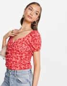Vila Ruched Sweetheart Neckline Top In Floral-multi