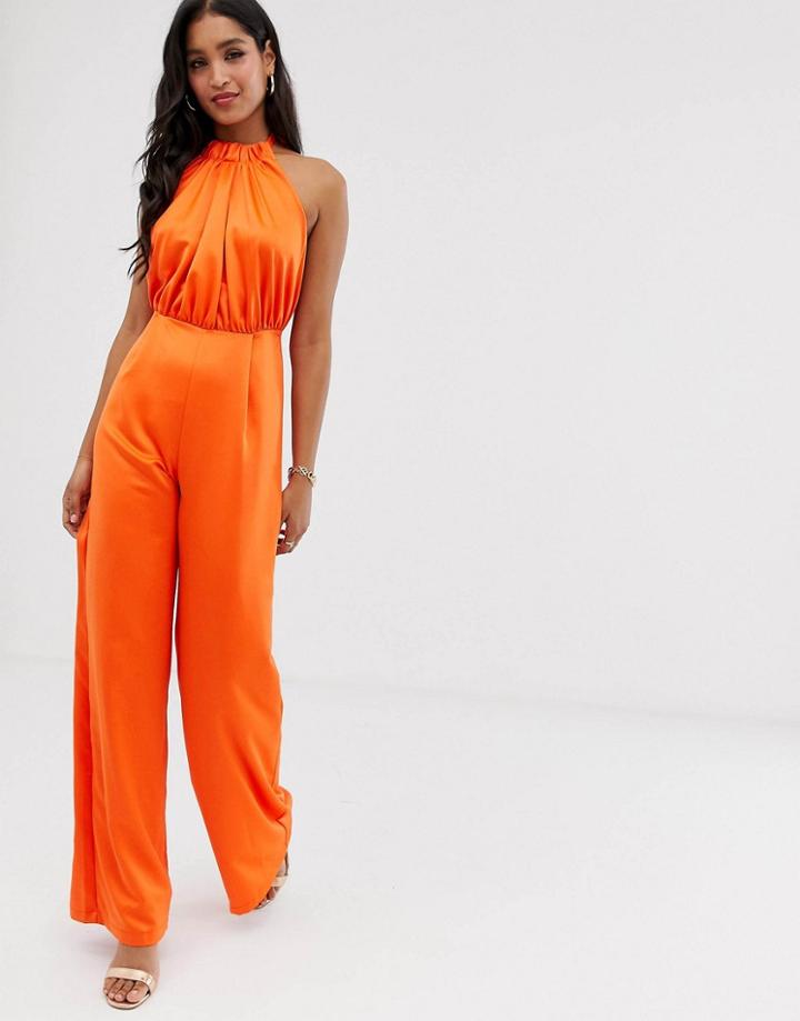 Asos Design Satin Halter Open Back Jumpsuit - Orange