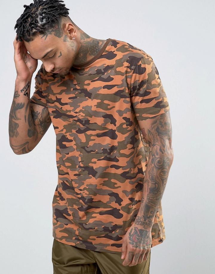 Asos Longline T-shirt With All Over Printed Camo In Vintage Wash - Gre