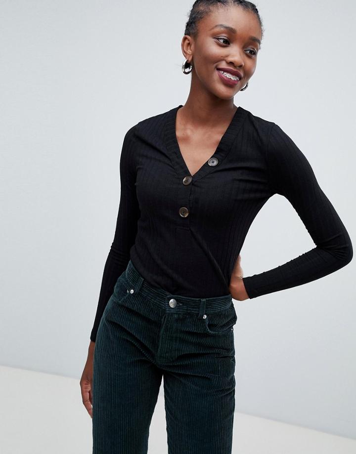 New Look Button Rib Top - Black