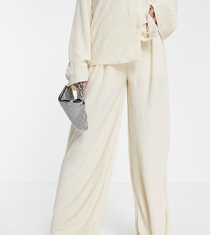 Missguided Petite Crinkle Flare Pants In Cream - Part Of A Set-white
