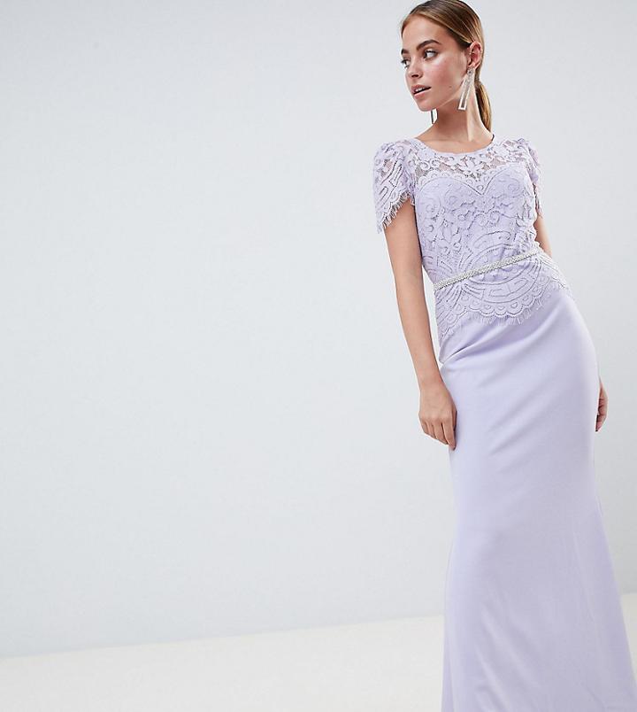 City Goddess Petite Lace Belted Fishtail Maxi Dress - Green
