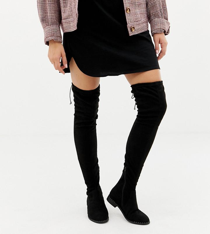 Asos Design Wide Fit Extra Wide Leg Kaska Flat Studded Thigh High Boots-black