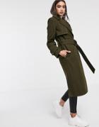 Asos Design Belted Coat With Topstitching Detail In Khaki - Green