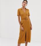 Asos Design Tall Rib Midi Shirt Dress With Faux Tortoiseshell Buckle - Yellow