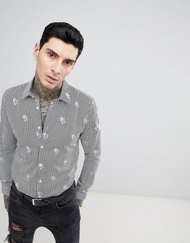 Devil's Advocate Long Sleeve Slim Fit Fine Stripe Floral Overprint Shirt - Black