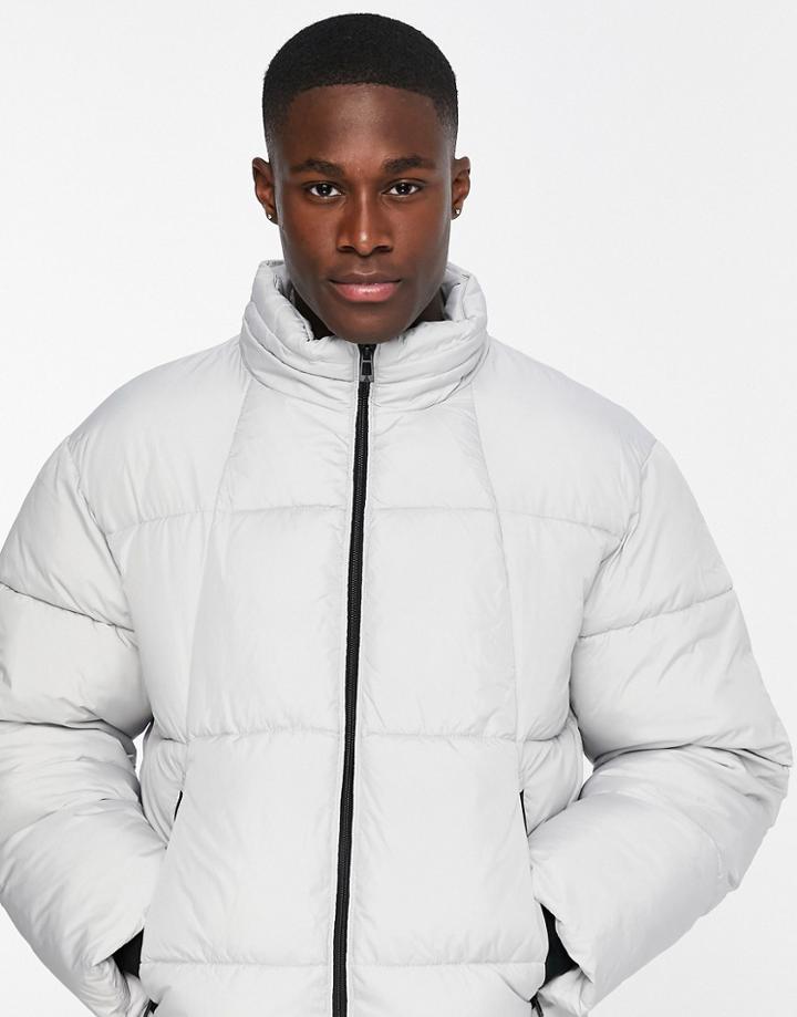Topman Recycled Cropped Quilted Puffer Jacket In Gray-grey