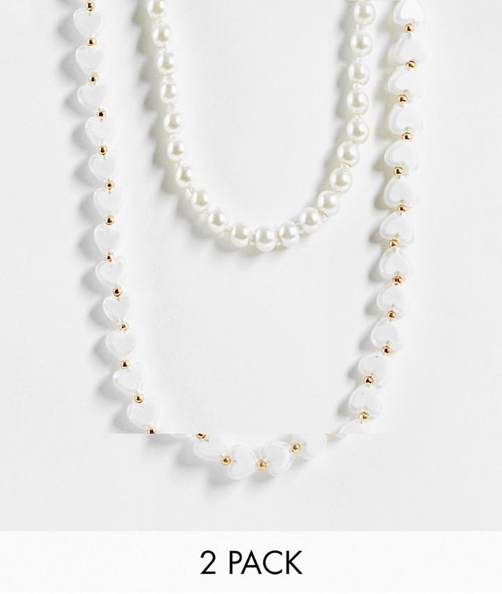 Asos Design 2-pack Festival Beaded Necklace Set With Hearts And 6mm Faux Pearls-white