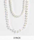 Asos Design 2-pack Festival Beaded Necklace Set With Hearts And 6mm Faux Pearls-white