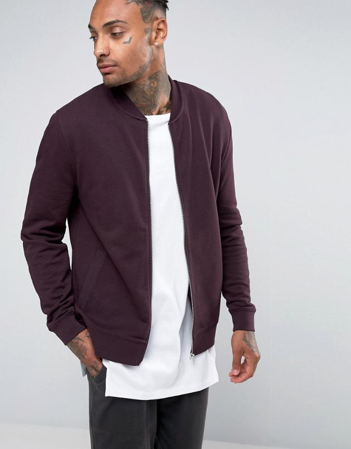 Asos Jersey Bomber Jacket In Burgundy - Red