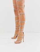 Asos Design Nominate Thigh High Embellished Heeled Sandals In Beige - Beige