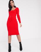 Asos Design Square Neck Belted Midi Dress-red