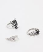 Asos Design Ring Pack In Burnished Silver With Detail