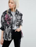 Asos Girlfriend Jacket In Bleach Splatter Wash And Blossom Embroidery - Black