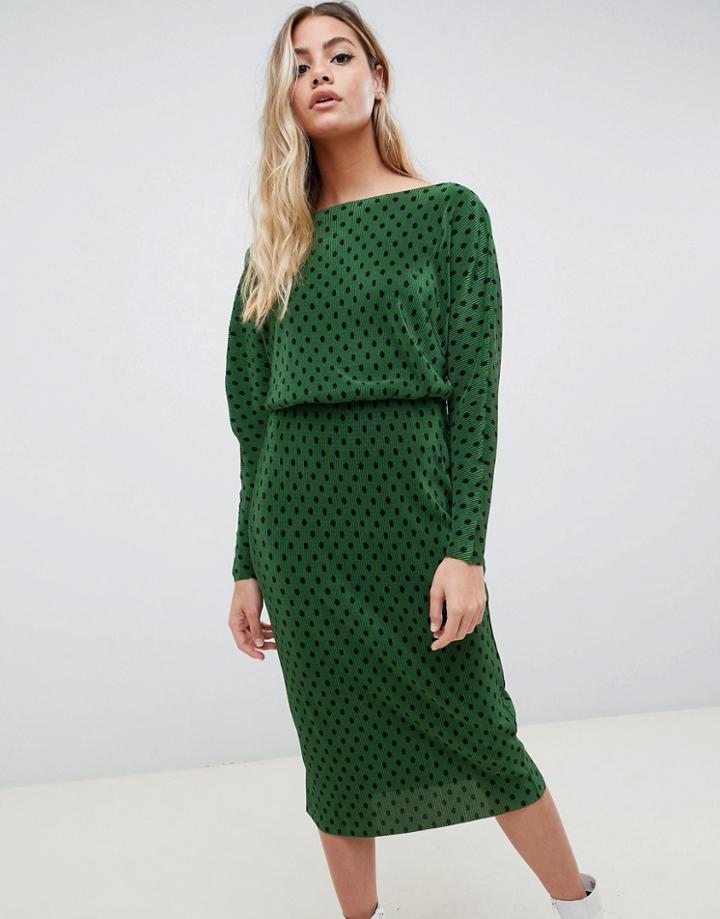 Asos Design Polka Dot Slash Neck Batwing Plisse Midi Dress - Multi