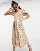 Influence Puff Sleeve Cotton Poplin Midi Dress In Stone Polka Dot-neutral