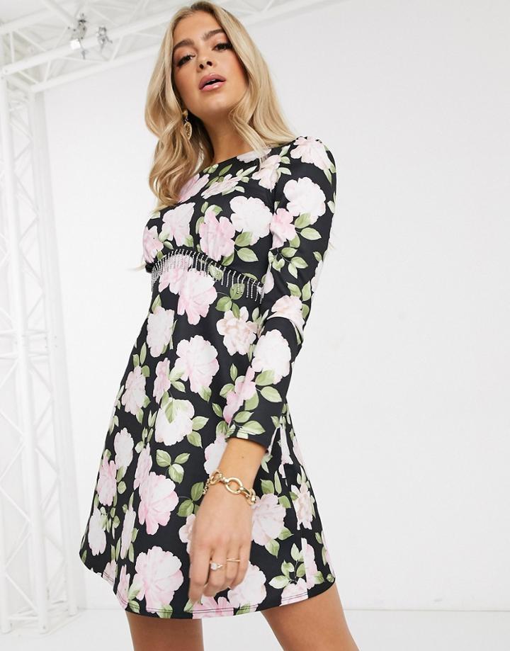 Asos Design Mini Dress With Rhinestone Trim In Black With Floral Print-multi