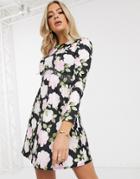 Asos Design Mini Dress With Rhinestone Trim In Black With Floral Print-multi