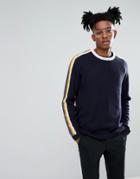 Asos Fluffy Sweater With Contrast Stripes In Navy - Navy
