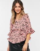 Influence Wrap Heart Print Top In Dusky Pink