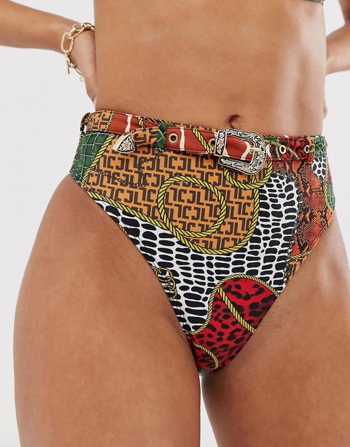 Jaded London High Leg Bikini Bottom With Belt In Mixed Animal - Multi