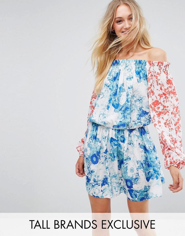 White Cove Tall Allover Mix Match Floral Off Shoulder Mini Dress With Fluted Sleeve Detail - Multi