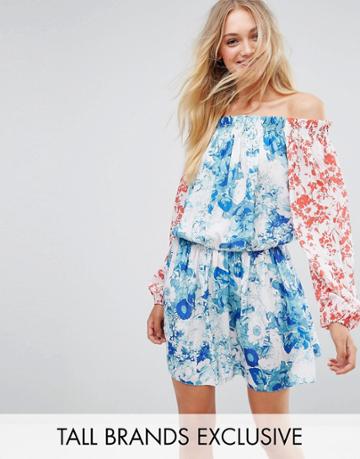 White Cove Tall Allover Mix Match Floral Off Shoulder Mini Dress With Fluted Sleeve Detail - Multi