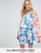White Cove Tall Allover Mix Match Floral Off Shoulder Mini Dress With Fluted Sleeve Detail - Multi