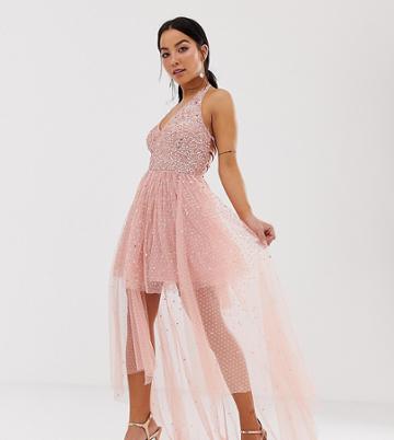 Dolly & Delicious Petite Cowl Front Embellished Mini Prom Dress With Train In Pink - Pink
