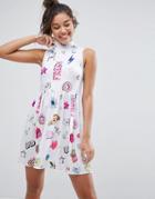 Asos Sleeveless Smock Dress In Doodle Print - Multi