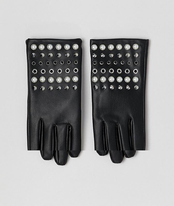Asos Design Leather Look Gloves With Pearl And Stud Detail-black